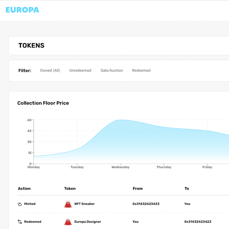 EuropaLabs platform interface showcasing NFT management dashboard